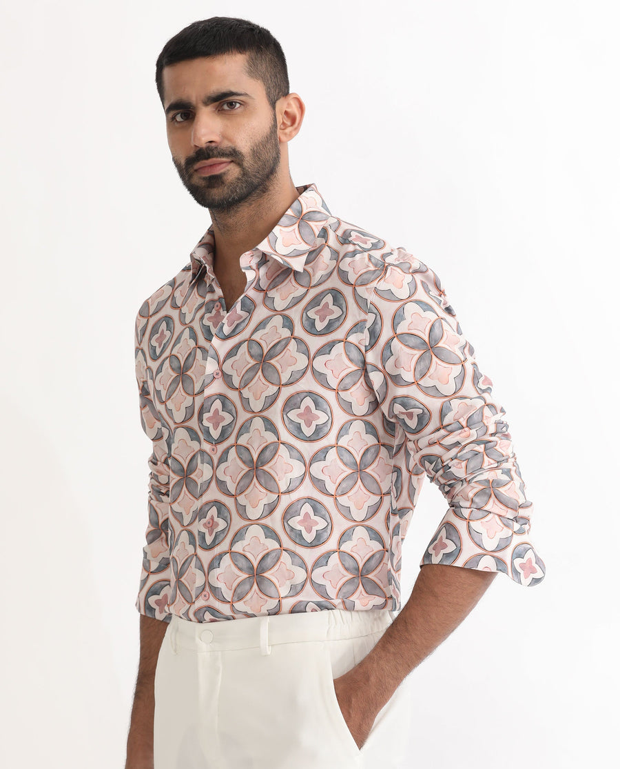 Rare Rabbit Men's Tiler Multi Viscose Geometric Print Regular Fit Full Sleeve Collared Shirt