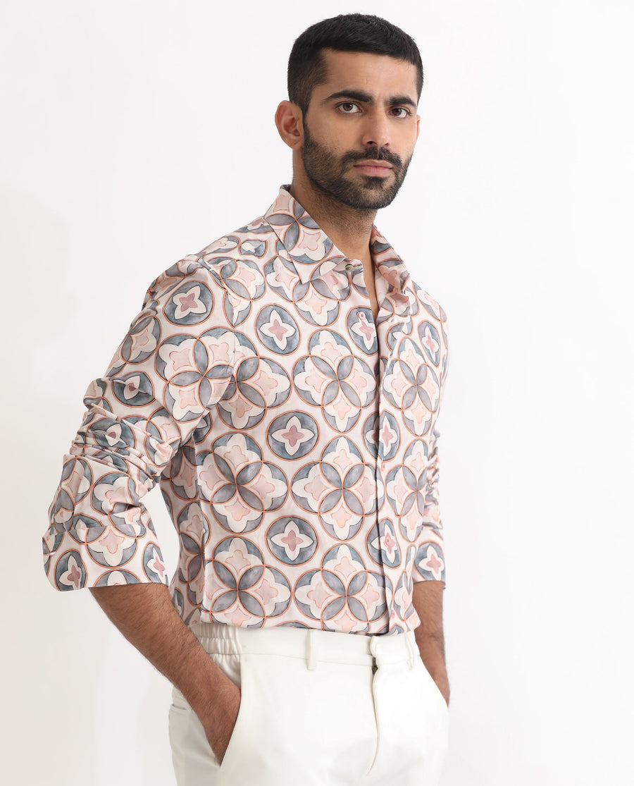Rare Rabbit Men's Tiler Multi Viscose Geometric Print Regular Fit Full Sleeve Collared Shirt