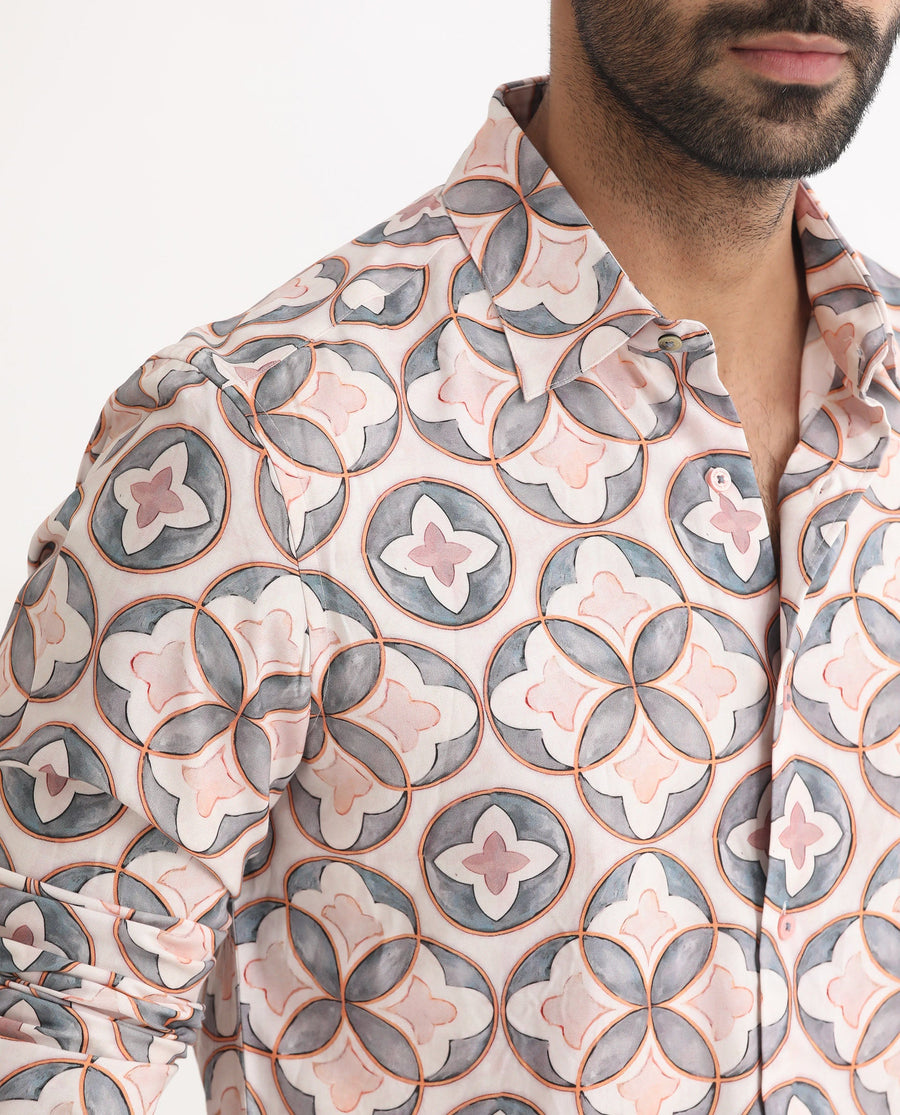 Rare Rabbit Men's Tiler Multi Viscose Geometric Print Regular Fit Full Sleeve Collared Shirt