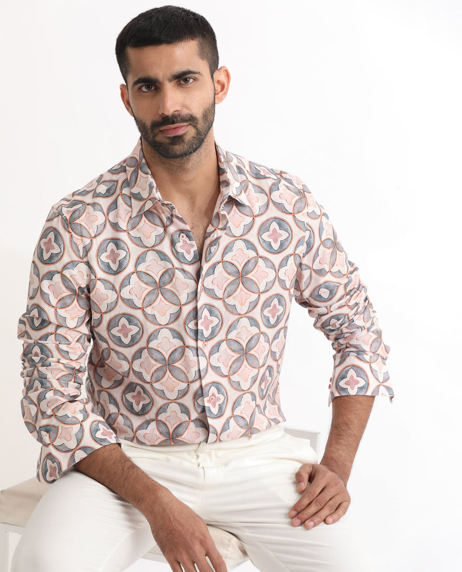Rare Rabbit Men's Tiler Multi Viscose Geometric Print Regular Fit Full Sleeve Collared Shirt