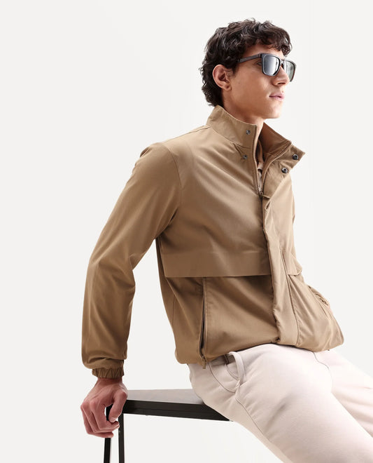Rare Rabbit Men's Tim Beige Polyester Fabric High Neck Regular Fit Plain Jacket