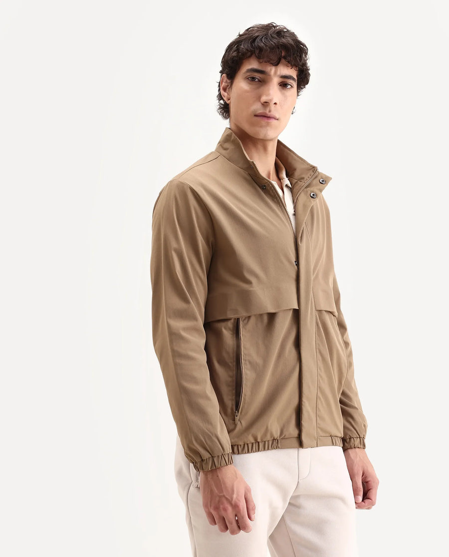 Rare Rabbit Men's Tim Beige Polyester Fabric High Neck Regular Fit Plain Jacket