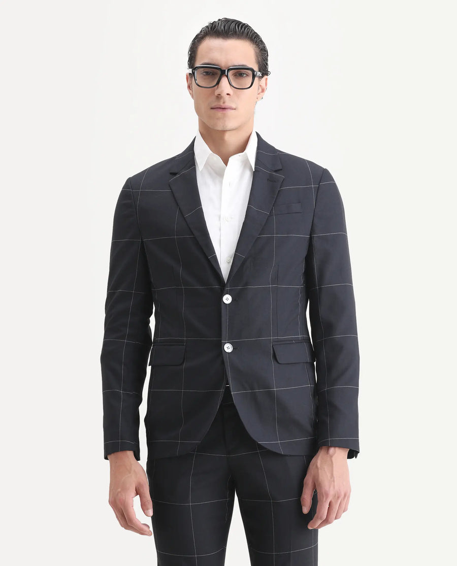 Rare Rabbit Men's Tim Navy Polyester Checked Print Tailored Fit Full Sleeve Lapel Neck Suits