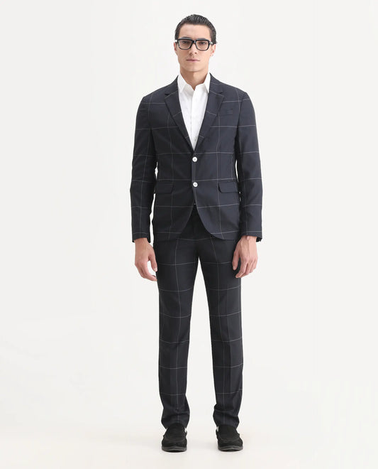 Rare Rabbit Men's Tim Navy Polyester Checked Print Tailored Fit Full Sleeve Lapel Neck Suits