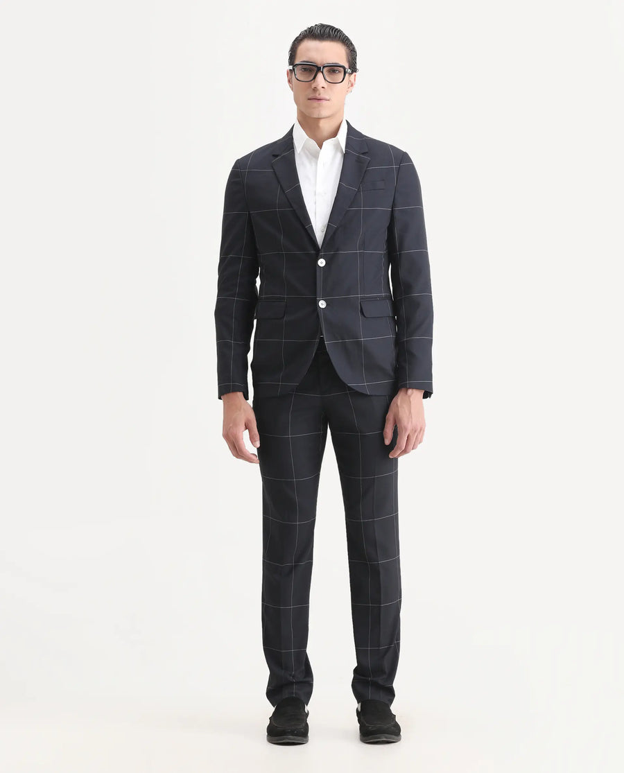 Rare Rabbit Men's Tim Navy Polyester Checked Print Tailored Fit Full Sleeve Lapel Neck Suits