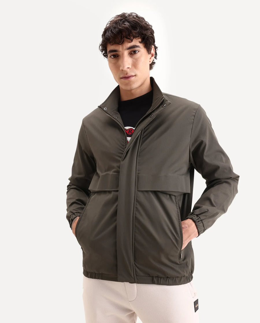 Rare Rabbit Men's Tim Olive Polyester Fabric High Neck Regular Fit Plain Jacket