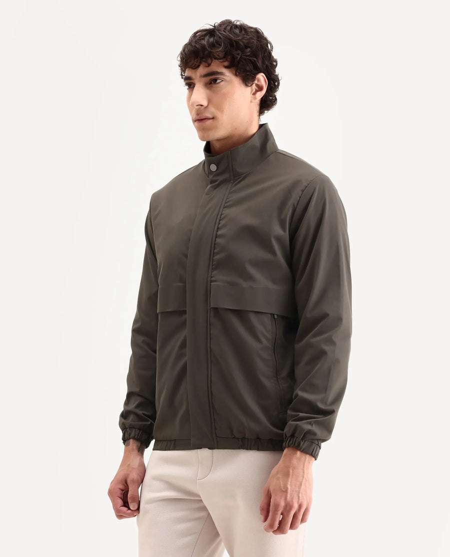Rare Rabbit Men's Tim Olive Polyester Fabric High Neck Regular Fit Plain Jacket