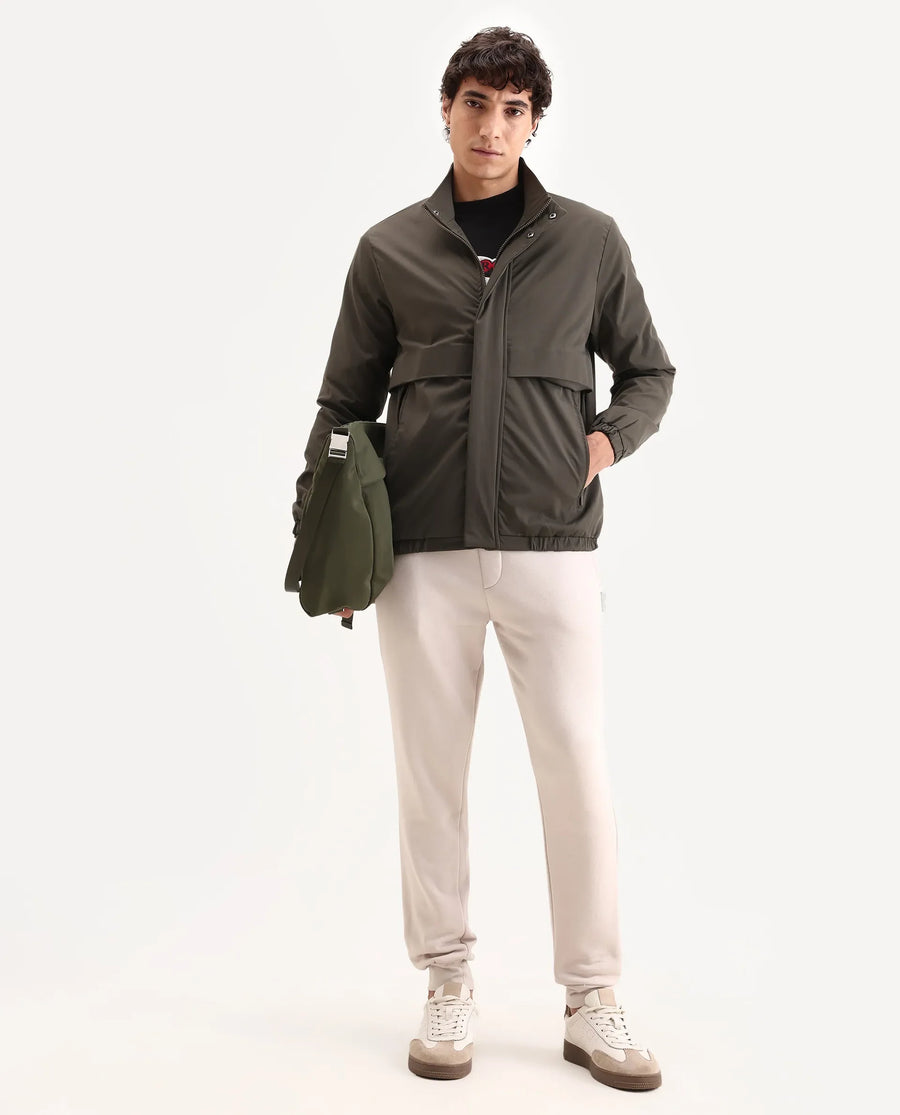 Rare Rabbit Men's Tim Olive Polyester Fabric High Neck Regular Fit Plain Jacket