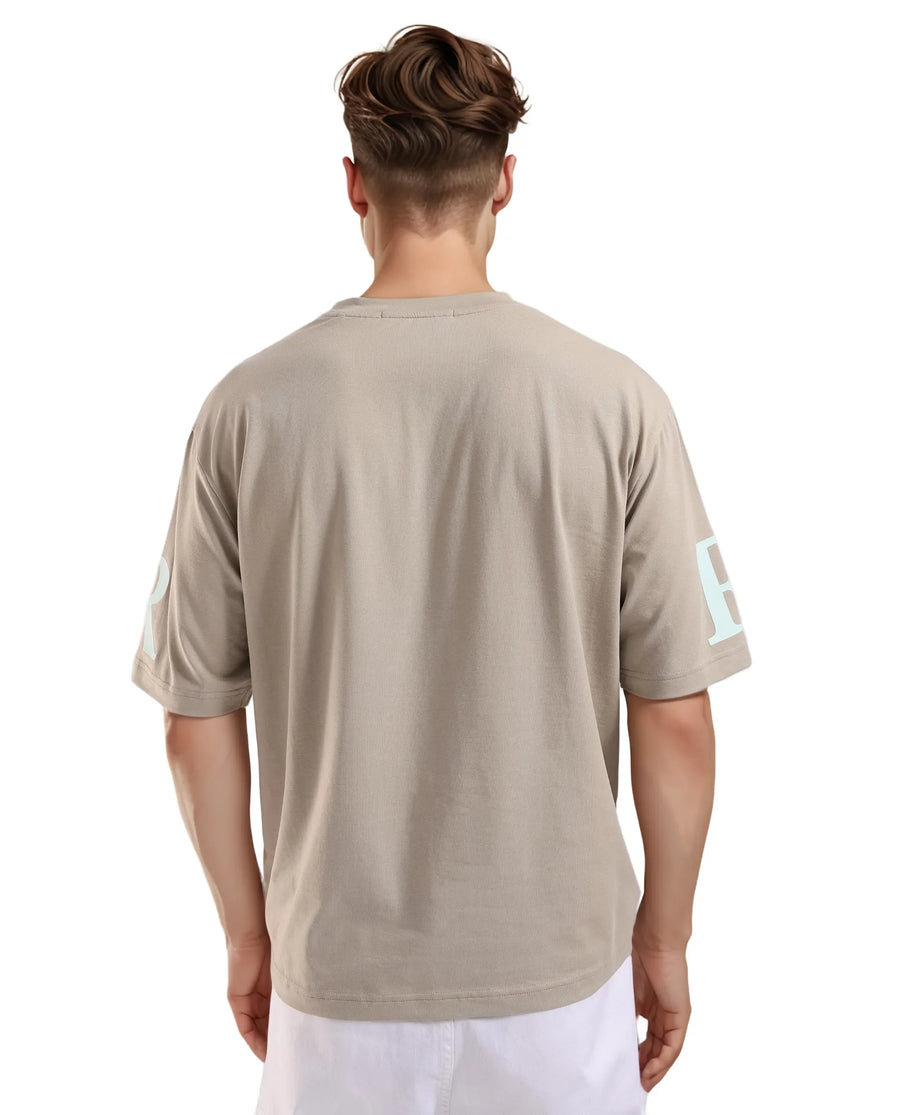 Rare Rabbit Men's Tin Beige Graphic Print Regular Fit Half Sleeve Crew Neck T-Shirt