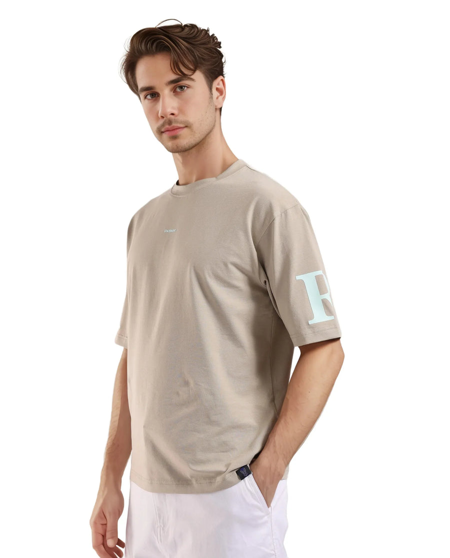 Rare Rabbit Men's Tin Beige Graphic Print Regular Fit Half Sleeve Crew Neck T-Shirt