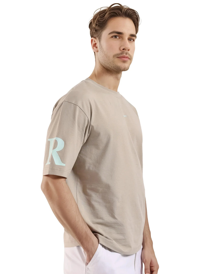 Rare Rabbit Men's Tin Beige Graphic Print Regular Fit Half Sleeve Crew Neck T-Shirt