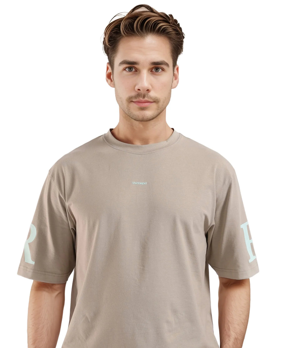 Rare Rabbit Men's Tin Beige Graphic Print Regular Fit Half Sleeve Crew Neck T-Shirt