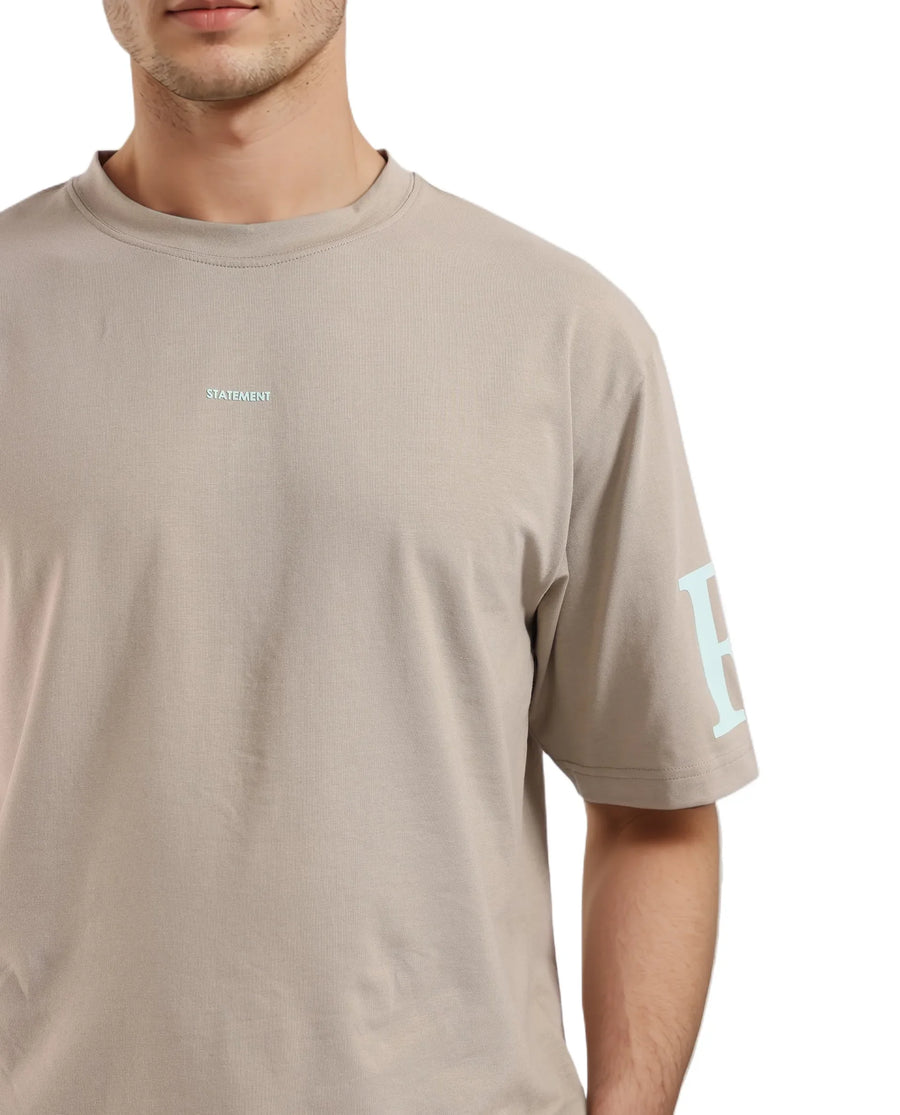 Rare Rabbit Men's Tin Beige Graphic Print Regular Fit Half Sleeve Crew Neck T-Shirt