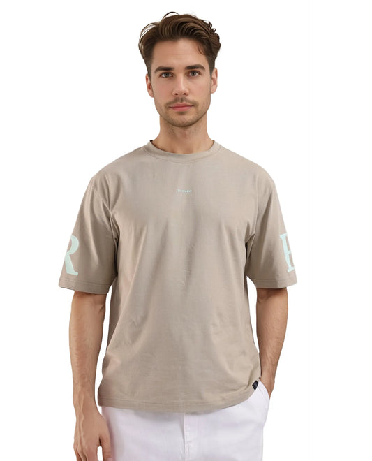Rare Rabbit Men's Tin Beige Graphic Print Regular Fit Half Sleeve Crew Neck T-Shirt
