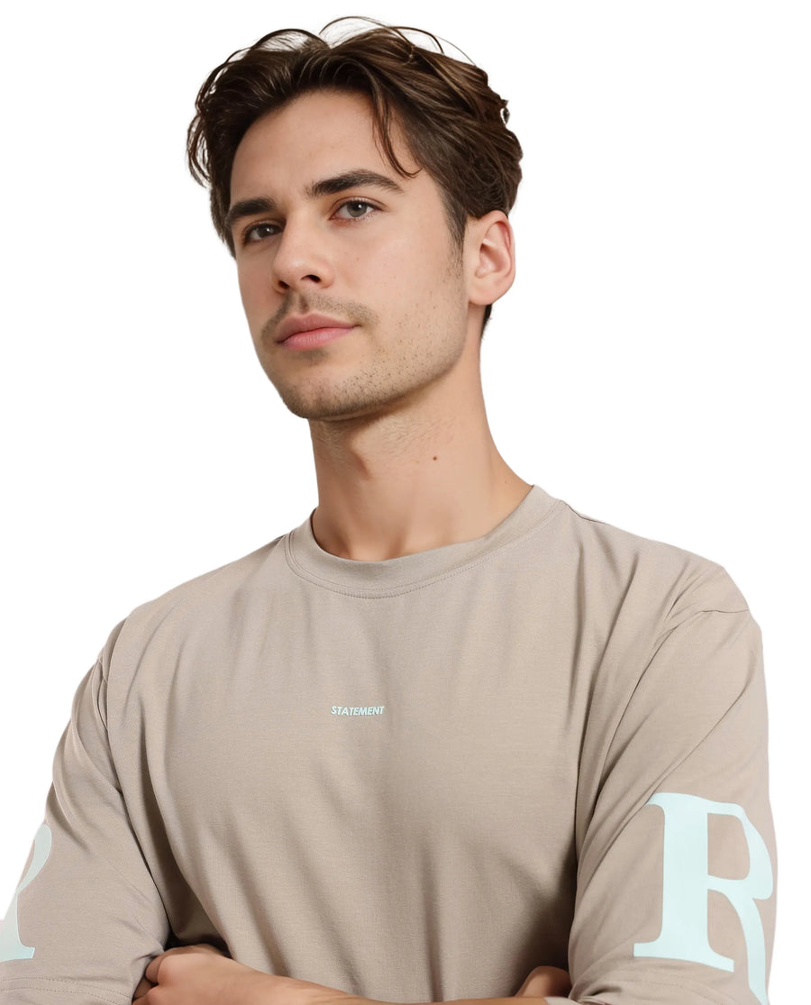 Rare Rabbit Men's Tin Beige Graphic Print Regular Fit Half Sleeve Crew Neck T-Shirt