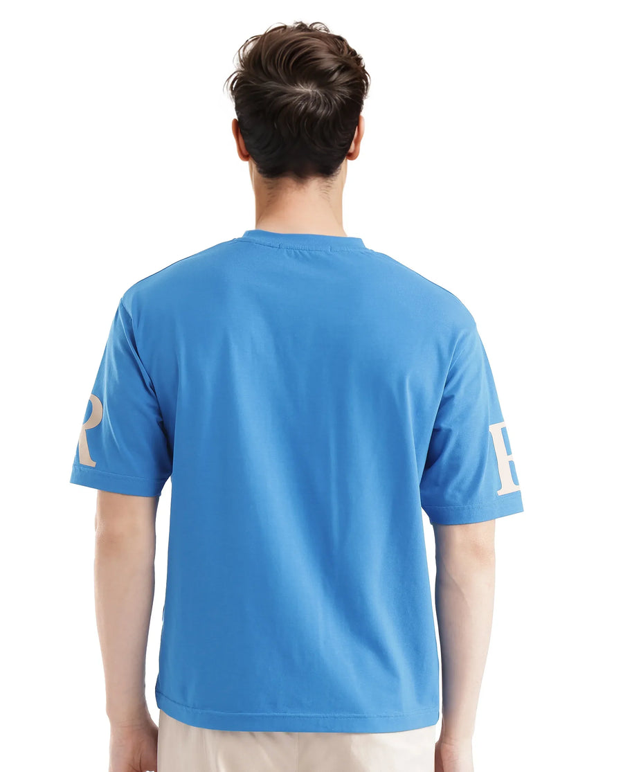 Rare Rabbit Men's Tin Dark Blue Cotton Graphic Print Regular Fit Half Sleeve Crew Neck T-Shirt
