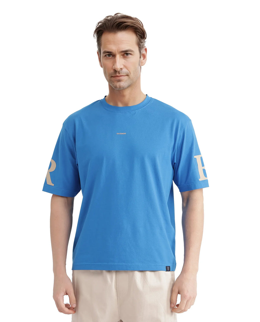 Rare Rabbit Men's Tin Dark Blue Cotton Graphic Print Regular Fit Half Sleeve Crew Neck T-Shirt