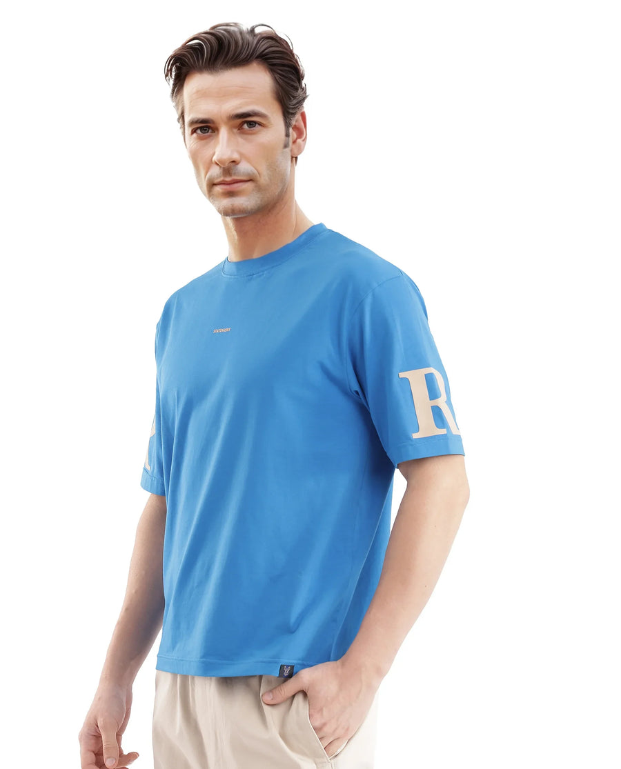 Rare Rabbit Men's Tin Dark Blue Cotton Graphic Print Regular Fit Half Sleeve Crew Neck T-Shirt