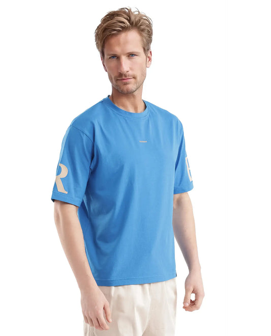 Rare Rabbit Men's Tin Dark Blue Cotton Graphic Print Regular Fit Half Sleeve Crew Neck T-Shirt