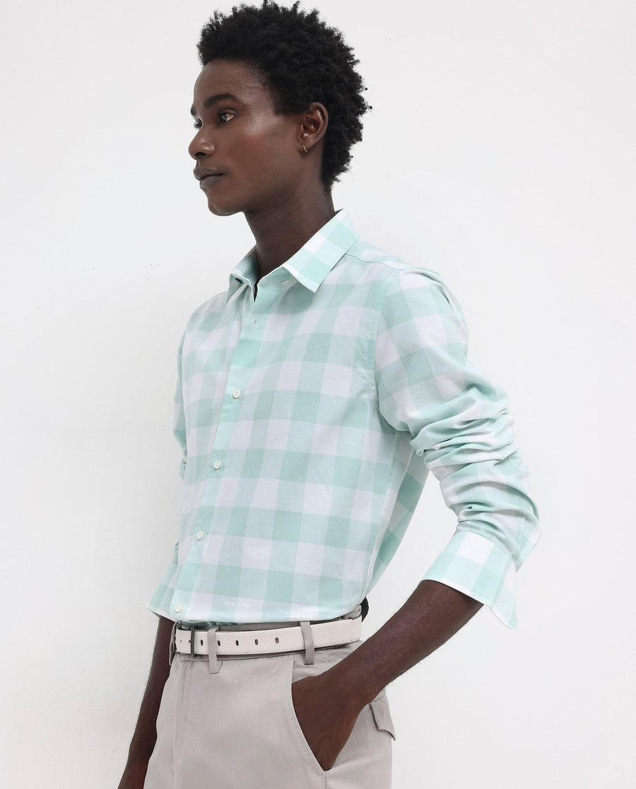 Rare Rabbit Men's Tinker Dark Turq Cotton Checked Print Regular Fit Full Sleeve Collared Shirt