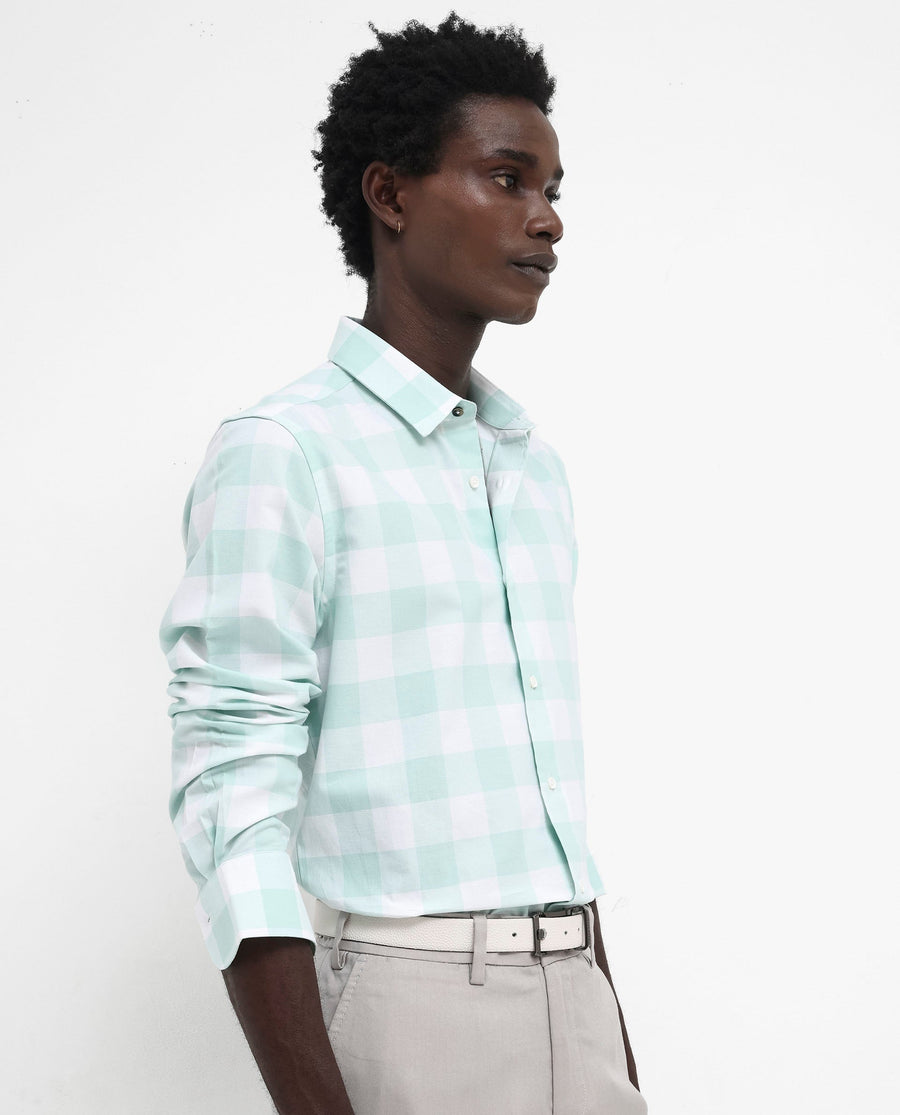 Rare Rabbit Men's Tinker Dark Turq Cotton Checked Print Regular Fit Full Sleeve Collared Shirt
