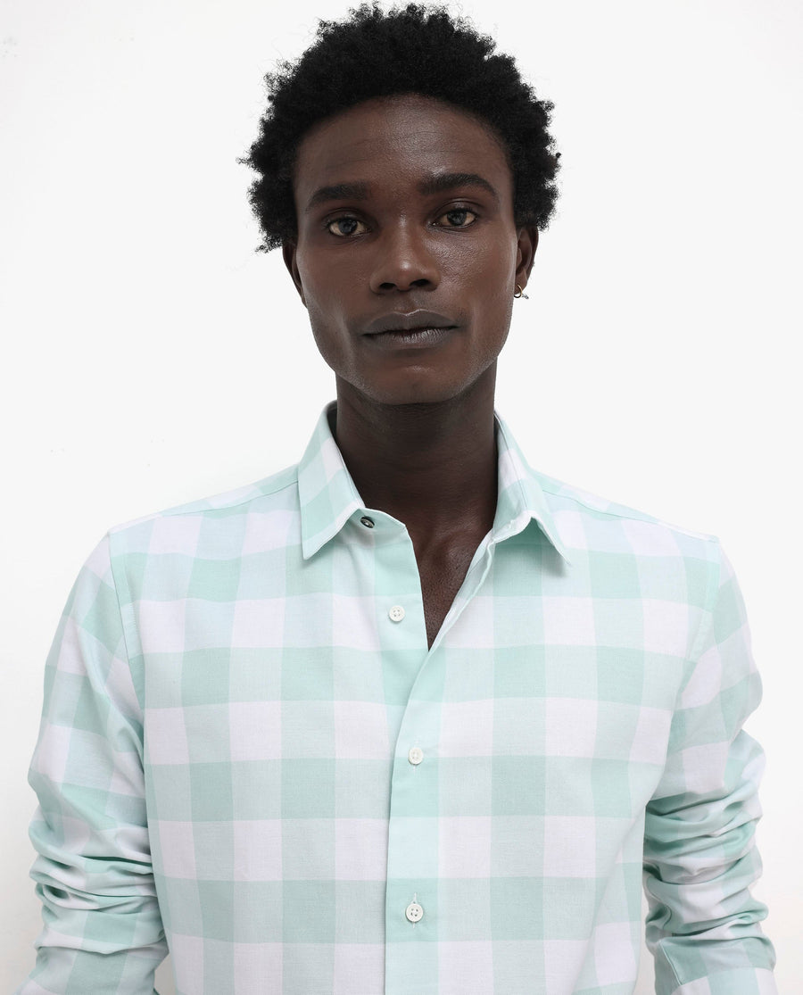 Rare Rabbit Men's Tinker Dark Turq Cotton Checked Print Regular Fit Full Sleeve Collared Shirt
