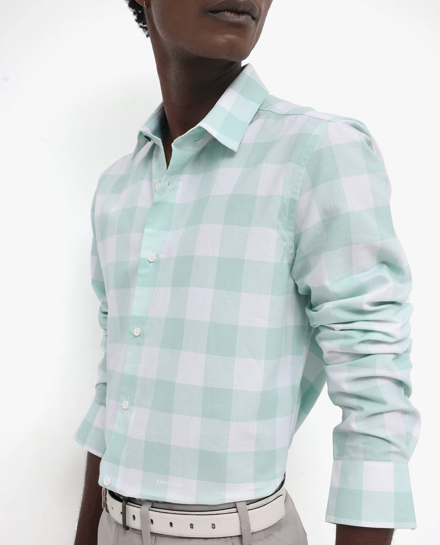 Rare Rabbit Men's Tinker Dark Turq Cotton Checked Print Regular Fit Full Sleeve Collared Shirt