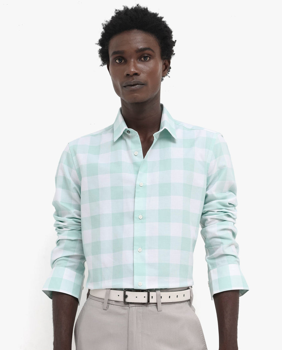 Rare Rabbit Men's Tinker Dark Turq Cotton Checked Print Regular Fit Full Sleeve Collared Shirt