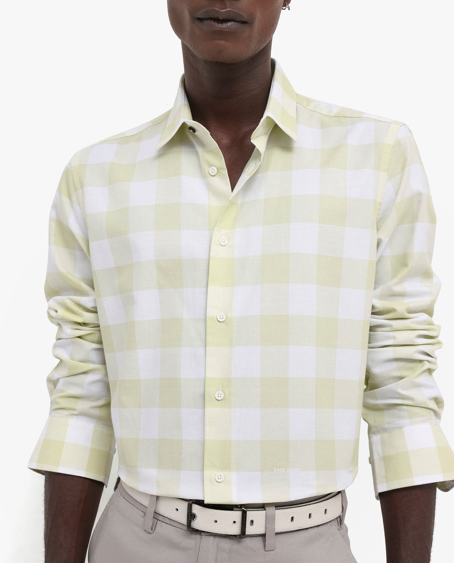 Rare Rabbit Men's Tinker Light Green Cotton Checked Print Regular Fit Full Sleeve Collared Shirt