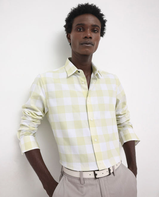 Rare Rabbit Men's Tinker Light Green Cotton Checked Print Regular Fit Full Sleeve Collared Shirt