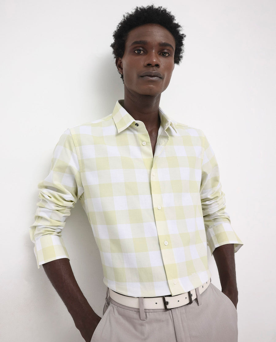 Rare Rabbit Men's Tinker Light Green Cotton Checked Print Regular Fit Full Sleeve Collared Shirt