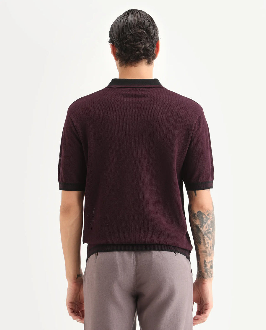 Rare Rabbit Men's Tipo Pastel Maroon Cotton Fabric Half Sleeve Regular Fit Textured Polo