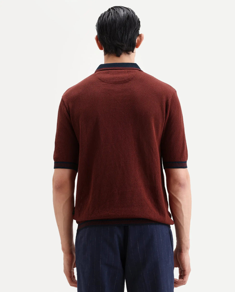 Rare Rabbit Men's Tipo Pastel Rust Cotton Fabric Half Sleeve Regular Fit Textured Polo