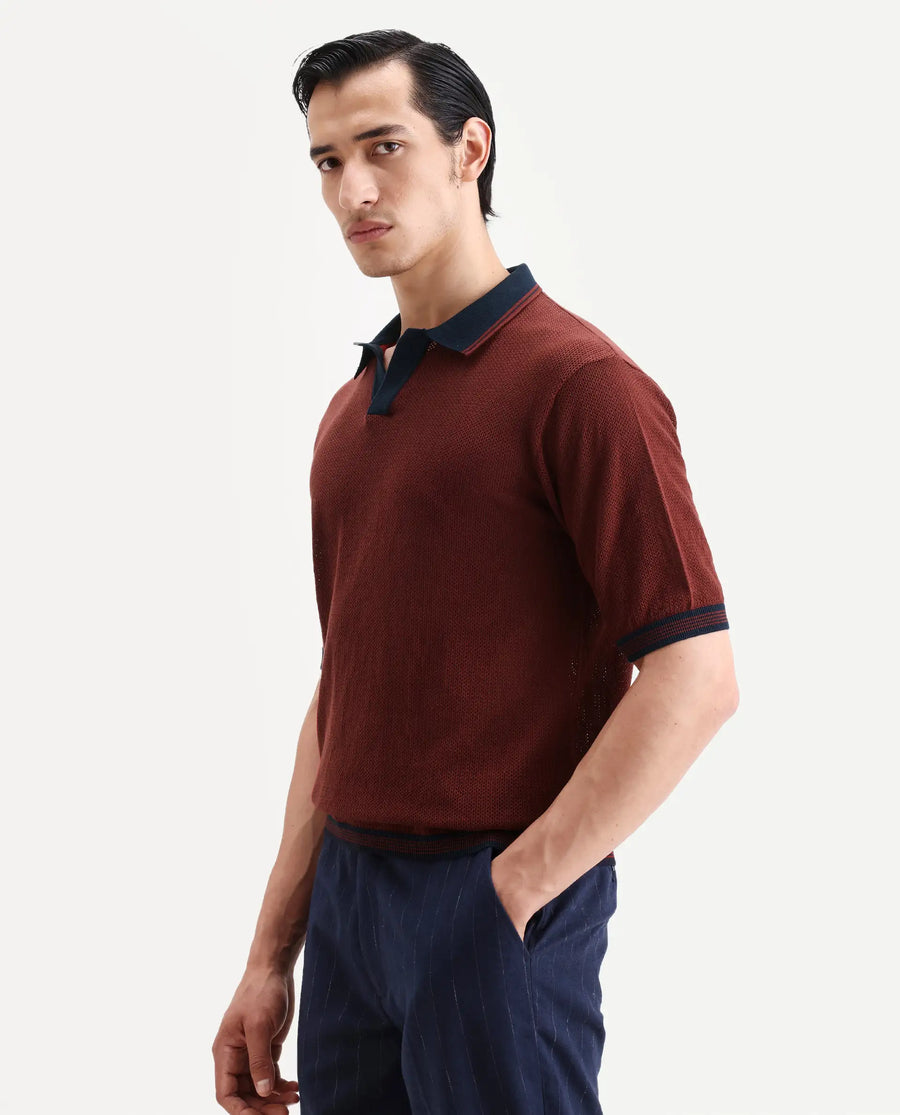 Rare Rabbit Men's Tipo Pastel Rust Cotton Fabric Half Sleeve Regular Fit Textured Polo
