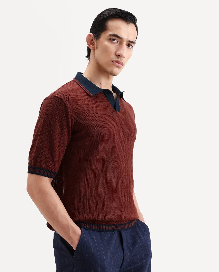 Rare Rabbit Men's Tipo Pastel Rust Cotton Fabric Half Sleeve Regular Fit Textured Polo