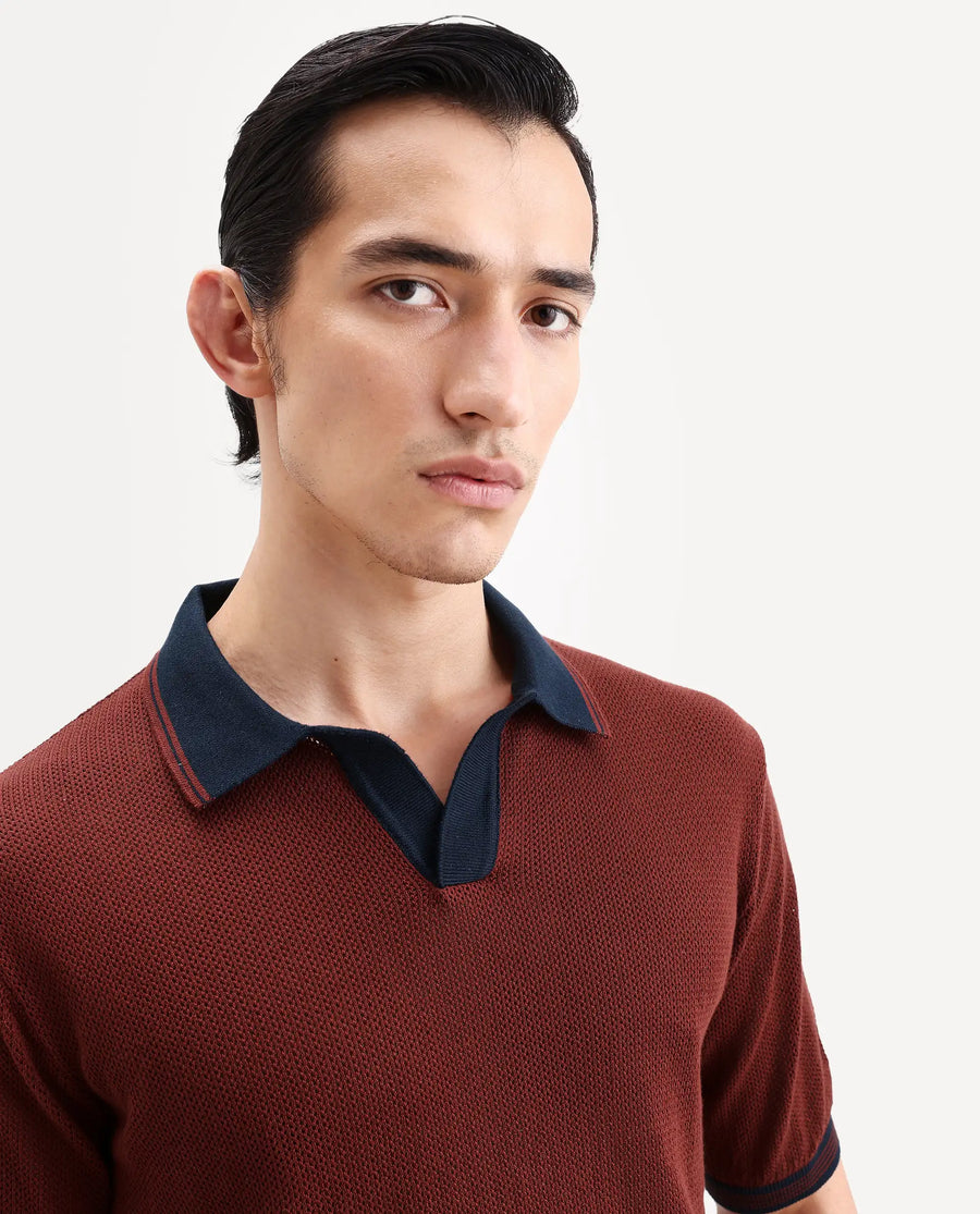 Rare Rabbit Men's Tipo Pastel Rust Cotton Fabric Half Sleeve Regular Fit Textured Polo