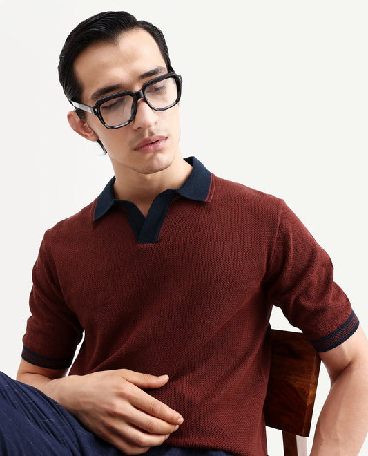 Rare Rabbit Men's Tipo Pastel Rust Cotton Fabric Half Sleeve Regular Fit Textured Polo