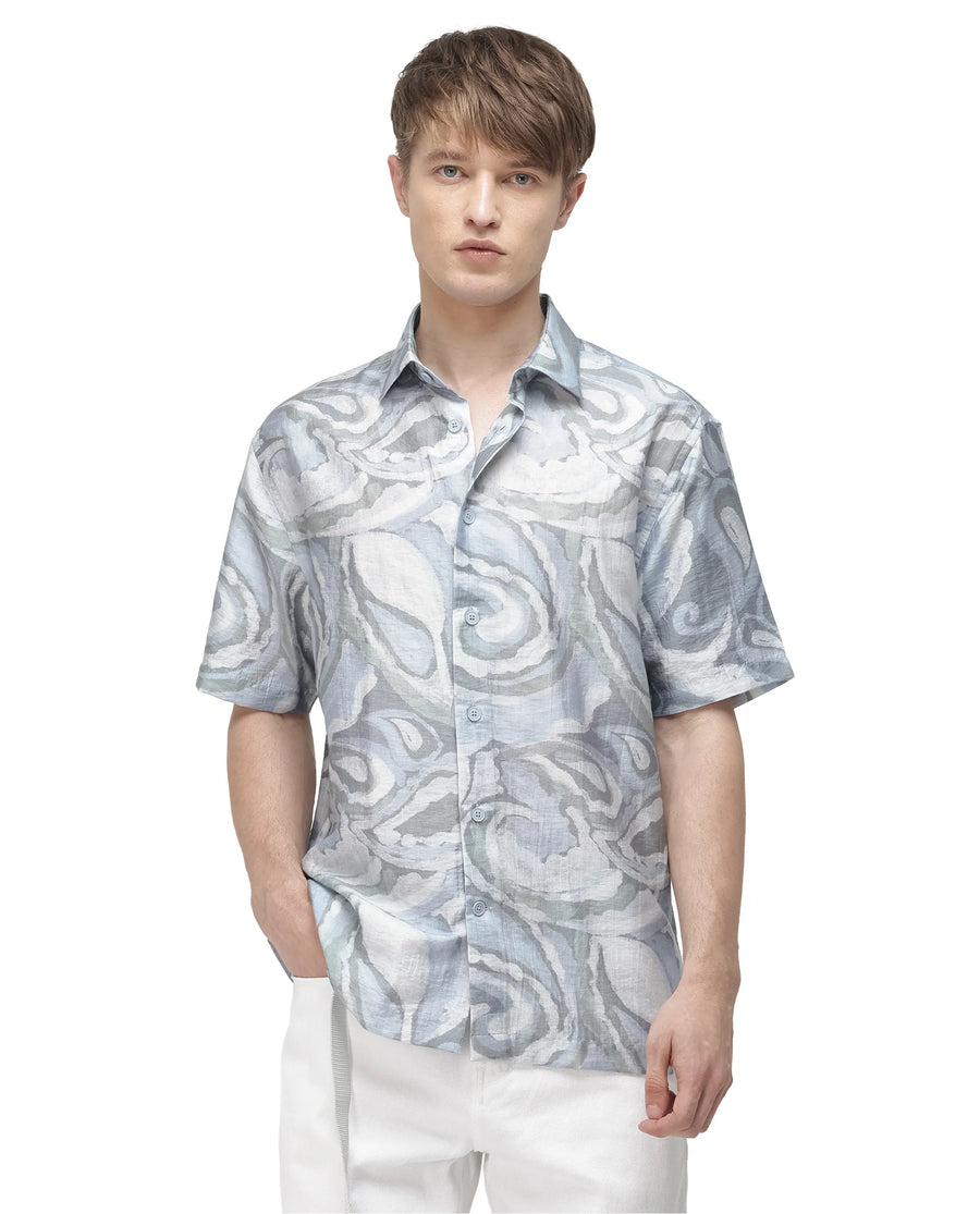 Rare Rabbit Men's Tiro Dusky Green Viscose Blend Floral Print Relaxed Fit Half Sleeve Collared Shirt