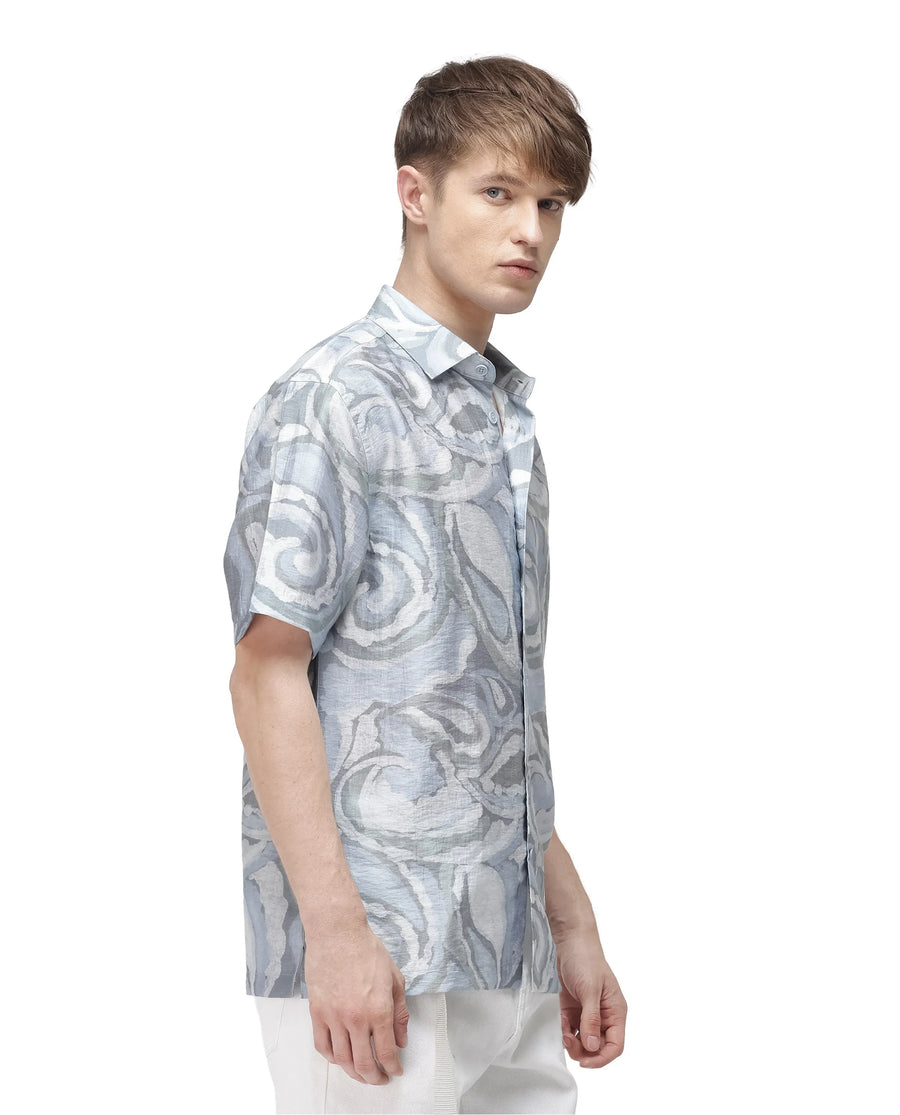 Rare Rabbit Men's Tiro Dusky Green Viscose Blend Floral Print Relaxed Fit Half Sleeve Collared Shirt