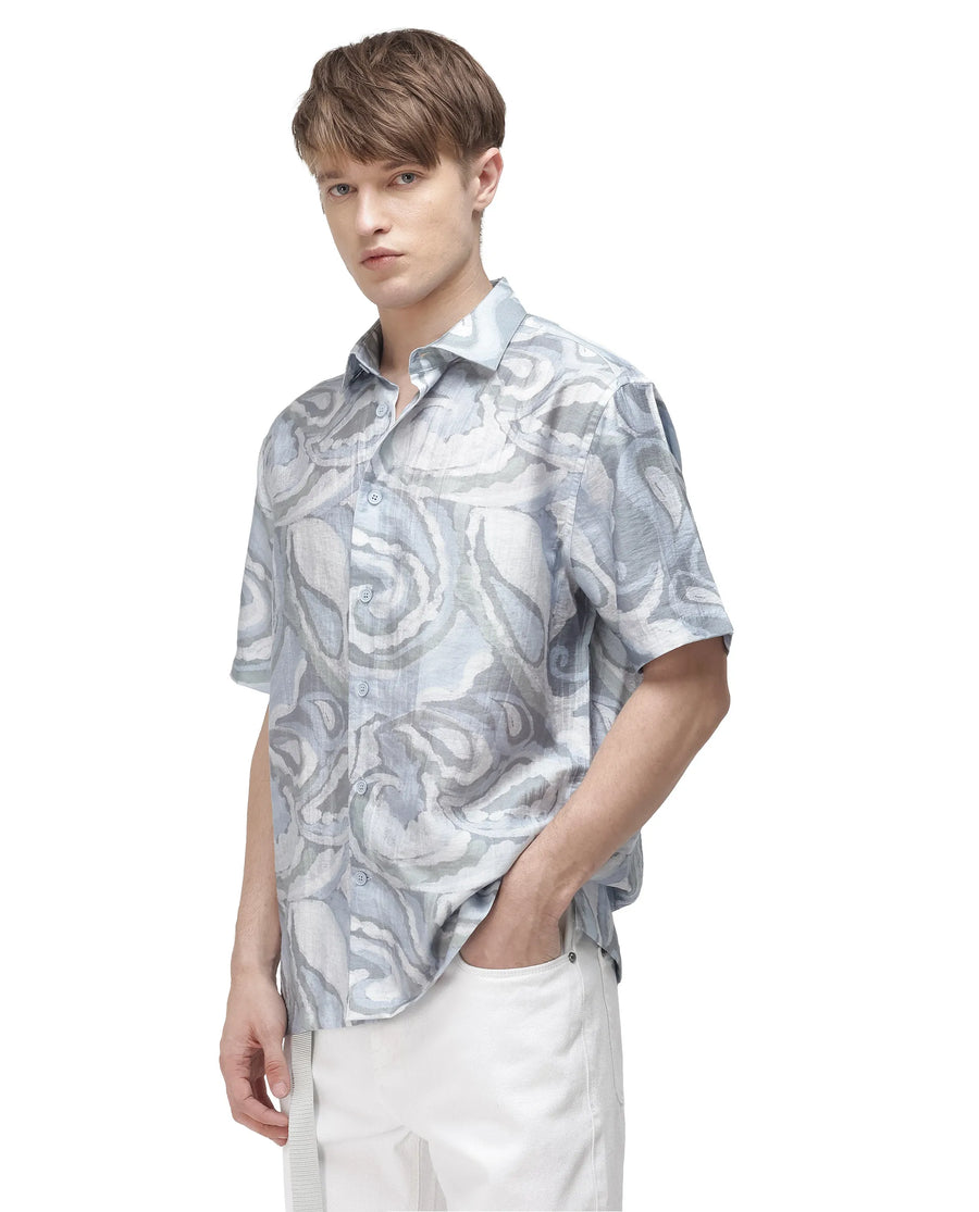 Rare Rabbit Men's Tiro Dusky Green Viscose Blend Floral Print Relaxed Fit Half Sleeve Collared Shirt