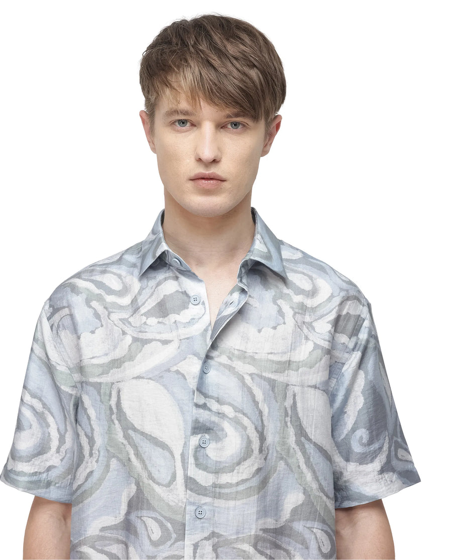 Rare Rabbit Men's Tiro Dusky Green Viscose Blend Floral Print Relaxed Fit Half Sleeve Collared Shirt