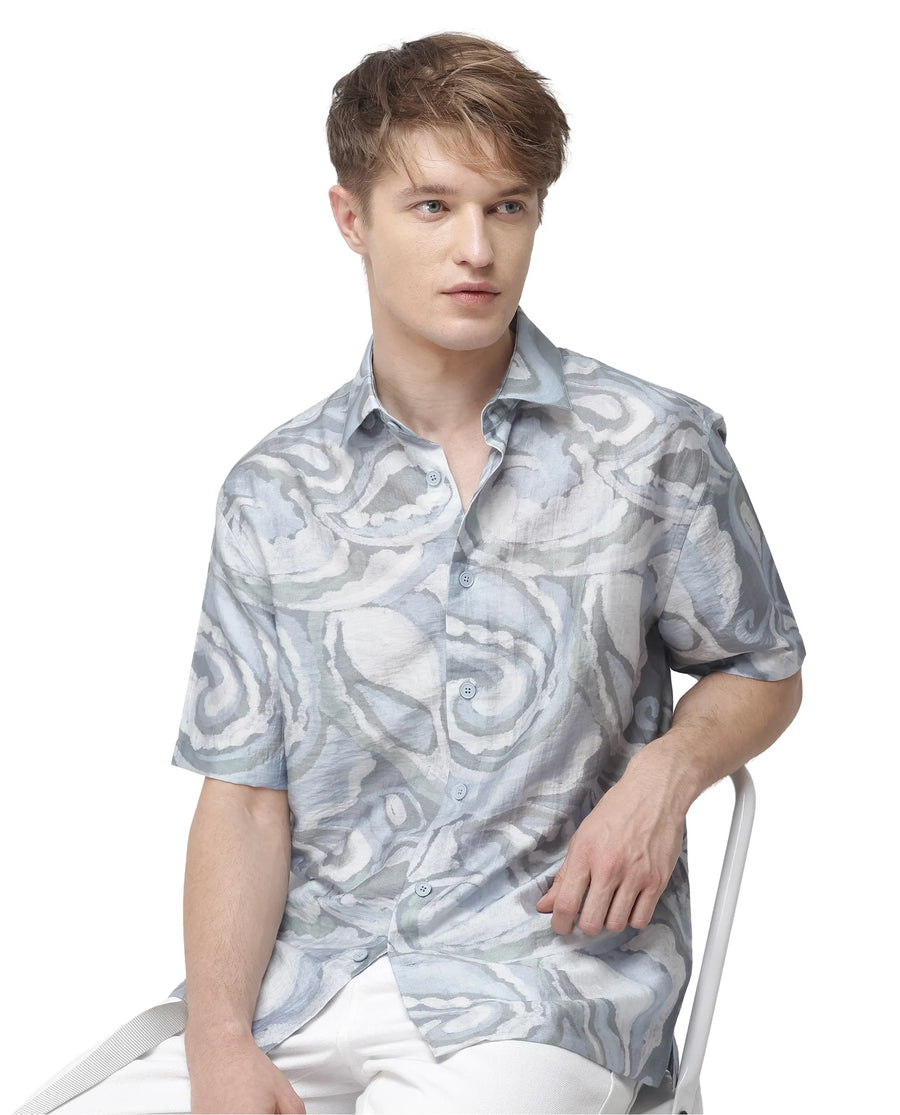 Rare Rabbit Men's Tiro Dusky Green Viscose Blend Floral Print Relaxed Fit Half Sleeve Collared Shirt
