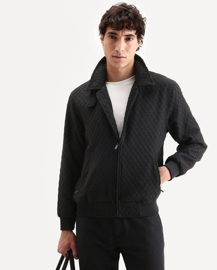 Rare Rabbit Men's Tizol Black Polyester Blend Fabric High Neck Regular Fit Textured Jacket