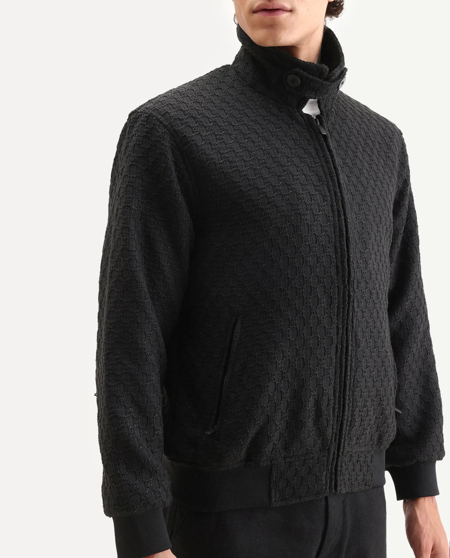 Rare Rabbit Men's Tizol Black Polyester Blend Fabric High Neck Regular Fit Textured Jacket