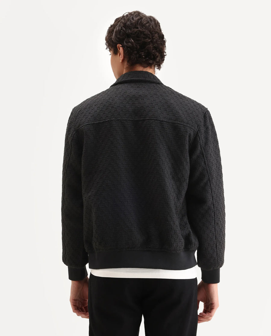 Rare Rabbit Men's Tizol Black Polyester Blend Fabric High Neck Regular Fit Textured Jacket