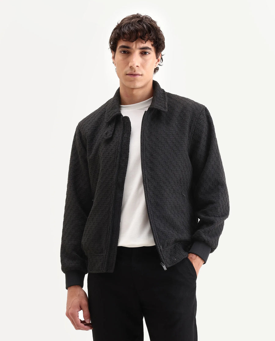 Rare Rabbit Men's Tizol Black Polyester Blend Fabric High Neck Regular Fit Textured Jacket