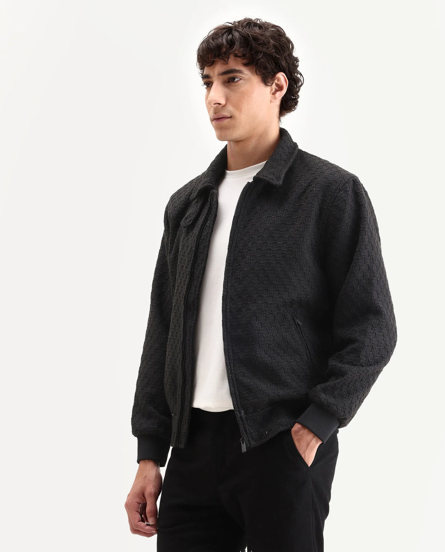 Rare Rabbit Men's Tizol Black Polyester Blend Fabric High Neck Regular Fit Textured Jacket