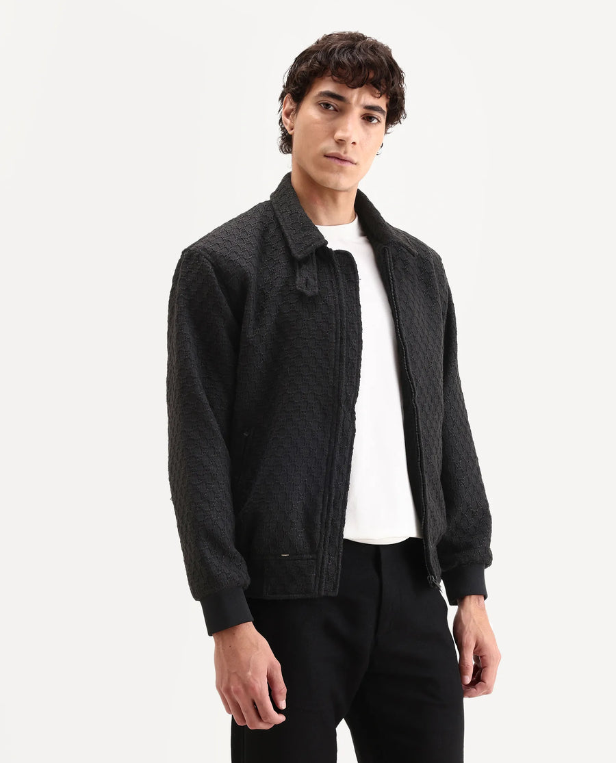 Rare Rabbit Men's Tizol Black Polyester Blend Fabric High Neck Regular Fit Textured Jacket
