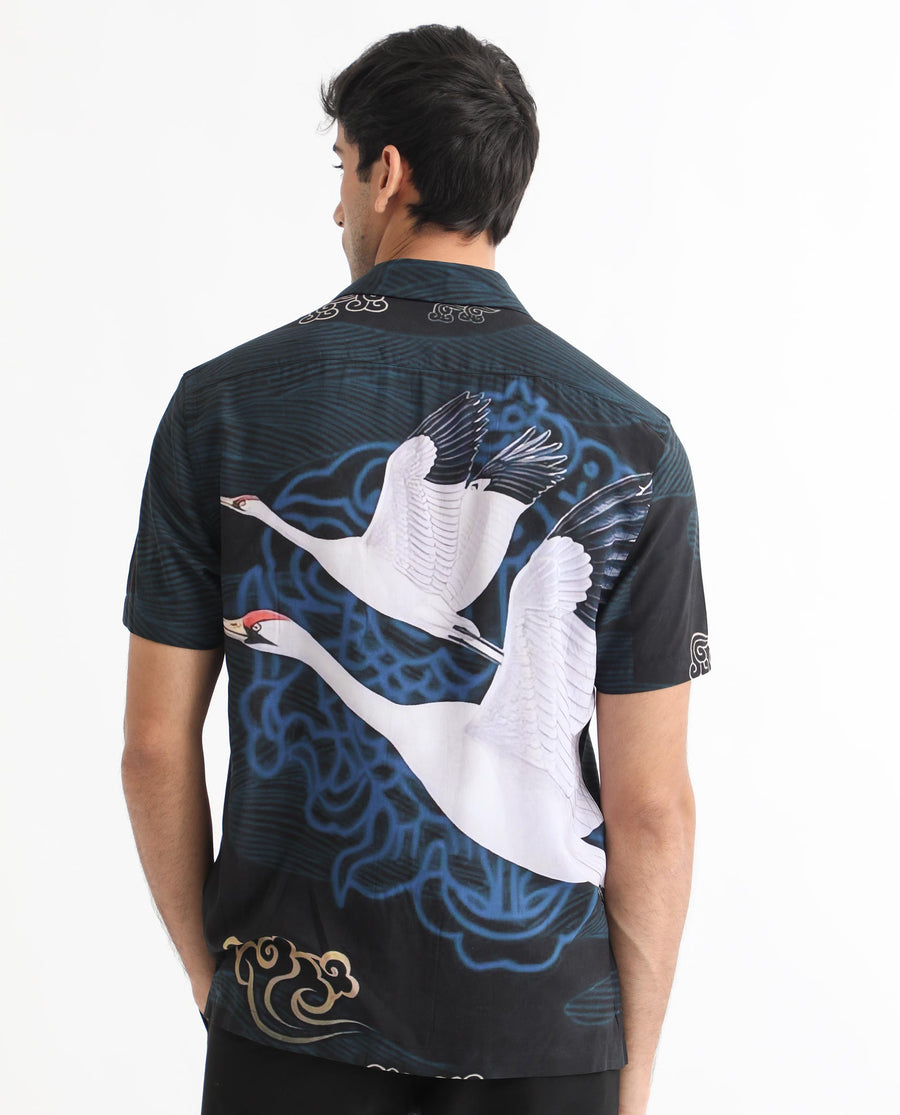 Rare Rabbit Men's Tobal Navy Viscose Animal Print Regular Fit Half Sleeve Cuban Collar Shirt