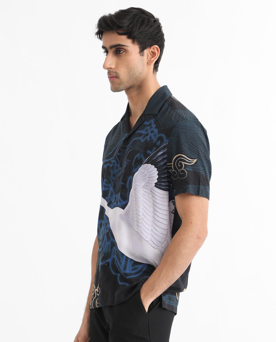 Rare Rabbit Men's Tobal Navy Viscose Animal Print Regular Fit Half Sleeve Cuban Collar Shirt